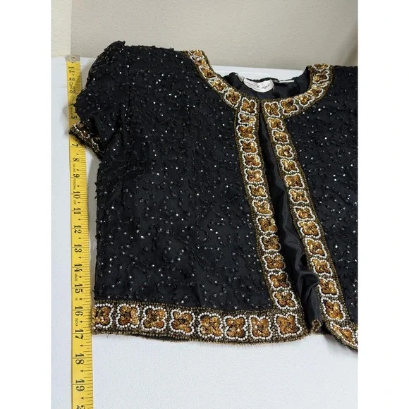 Vintage Laurence Kazar Jacket Womens Large Black Beaded 100% Silk Evening Formal - Picture 9 of 9